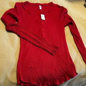 Elegant Red Long Sleeve Ribbed Top
